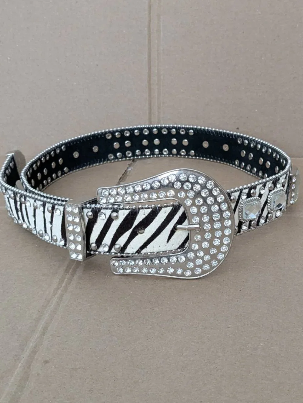 Beltiscool Cow Hair Western Rhinestone Ornaments Zebra Print Genuine Leather Bel